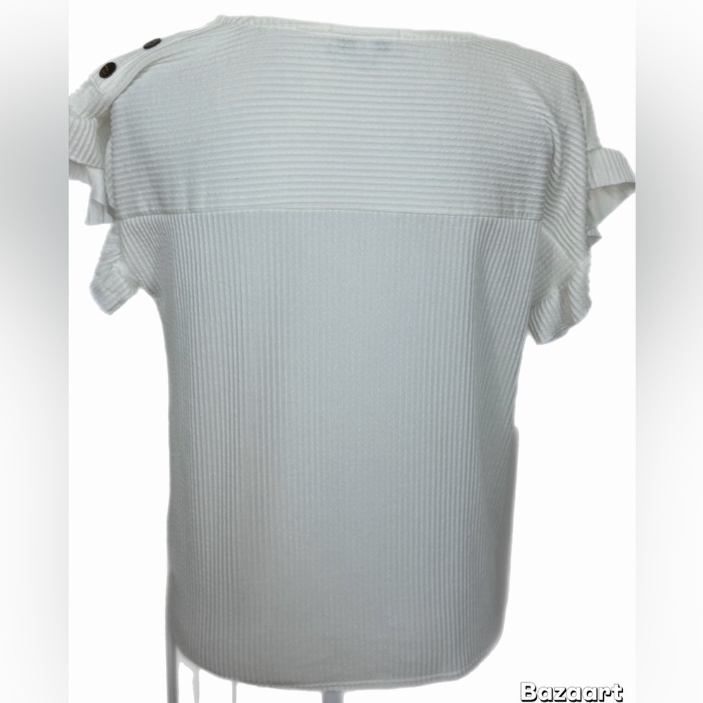 Set The Stage White Ribbed Tie Front Ruffle Sleeve Top Size Small - Picture 4 of 6